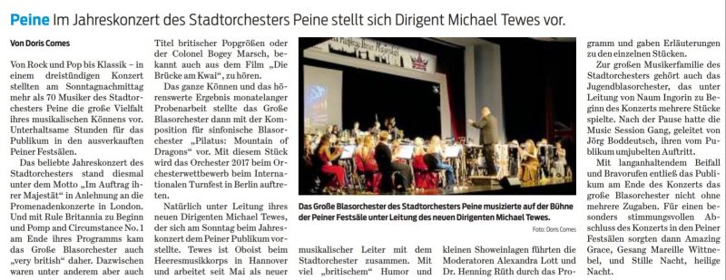 Das Große Blasorchester des Stadtorchesters Peine musizierte auf der Bühne der Peiner Festsäle unter Leitung des neuen Dirigenten Michael Tewes. Foto: Doris Comes